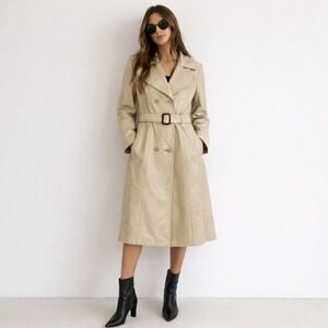 Minimalist Business Chic Vintage Leather Trench Coat Beige Belted Long‎ Medium